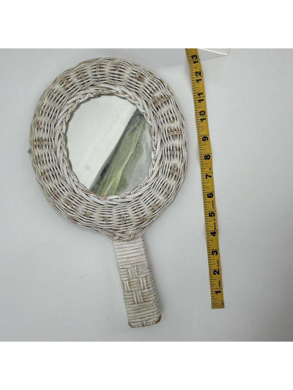 Vintage Wicker White Painted Hand Mirror